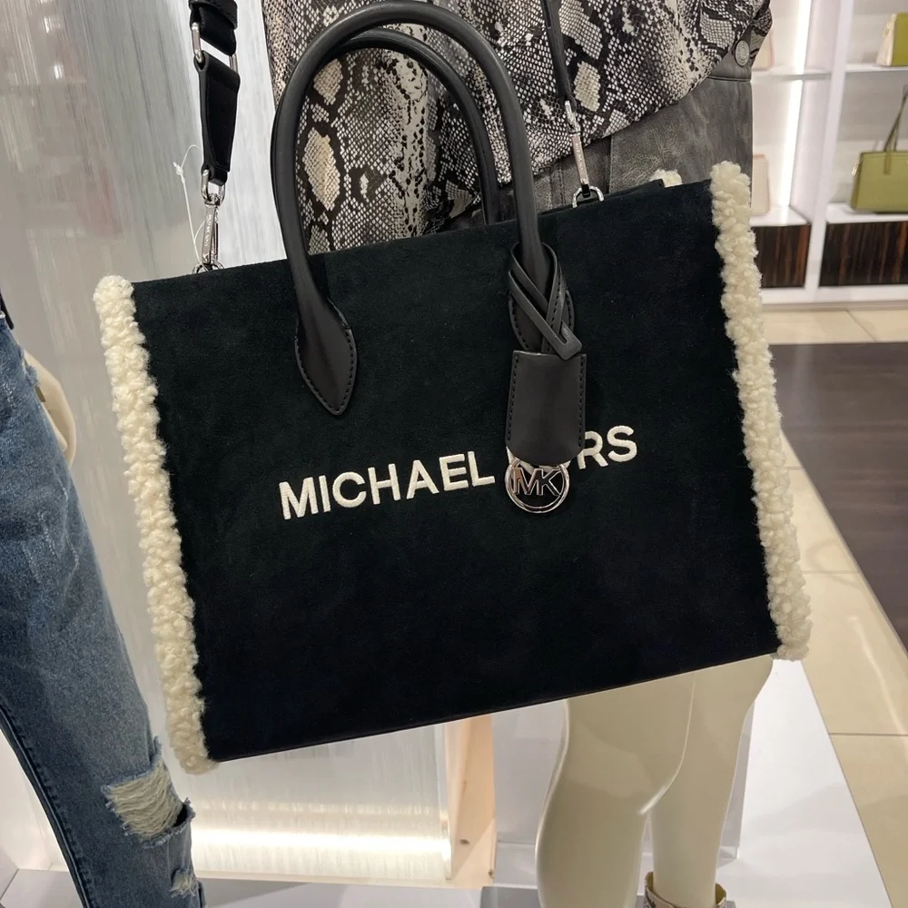 MICHAEL KORS Mirella Medium Suede and Faux Shearling Tote Bag Black  NWT